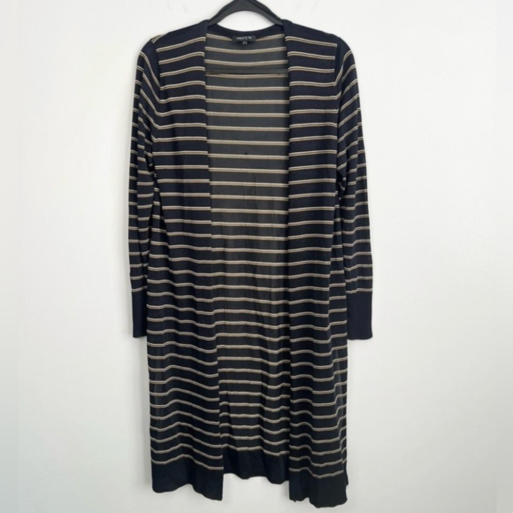 LAFAYETTE 148 New York Size S • Long Blue Silk Blend Stripe Cardigan Sweater.